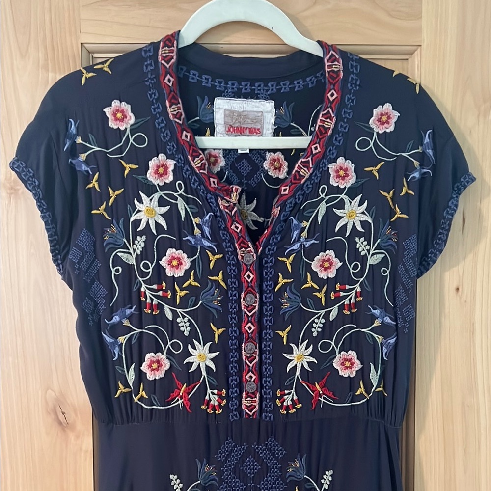Johnny Was Black Dress with Multicolor Embroidery